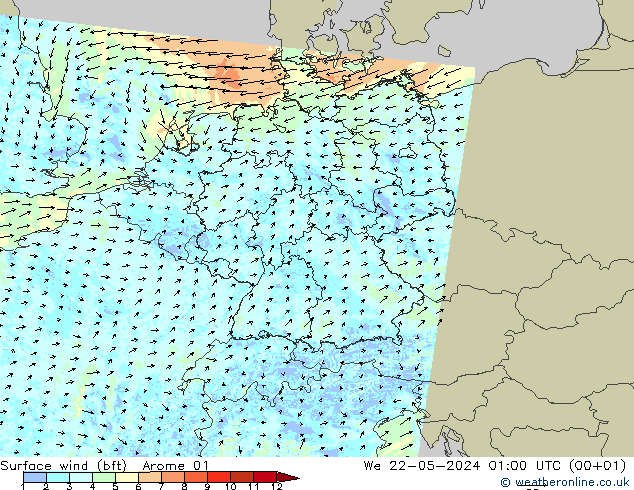 Wind 10 m (bft) Arome 01 wo 22.05.2024 01 UTC