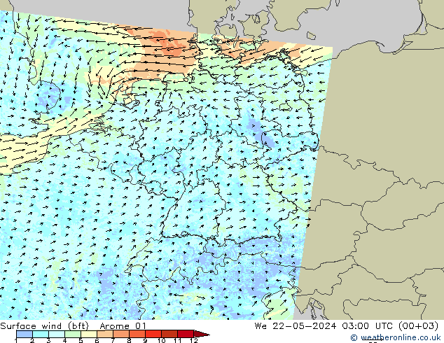 Wind 10 m (bft) Arome 01 wo 22.05.2024 03 UTC