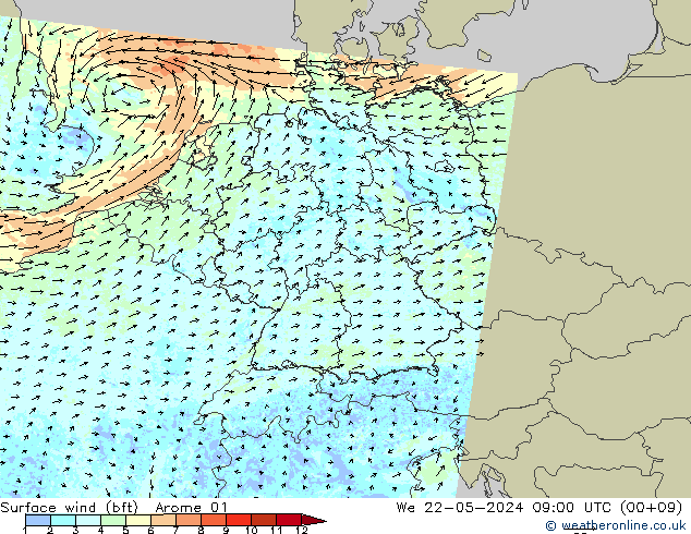 Surface wind (bft) Arome 01 We 22.05.2024 09 UTC