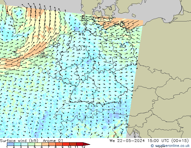 Vent 10 m (bft) Arome 01 mer 22.05.2024 15 UTC