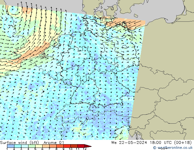 Surface wind (bft) Arome 01 We 22.05.2024 18 UTC