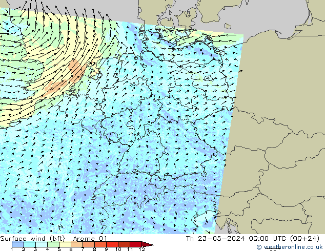 Bodenwind (bft) Arome 01 Do 23.05.2024 00 UTC