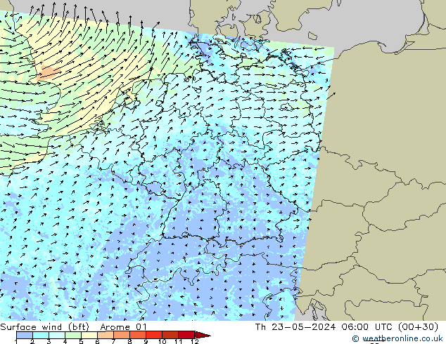 Surface wind (bft) Arome 01 Th 23.05.2024 06 UTC