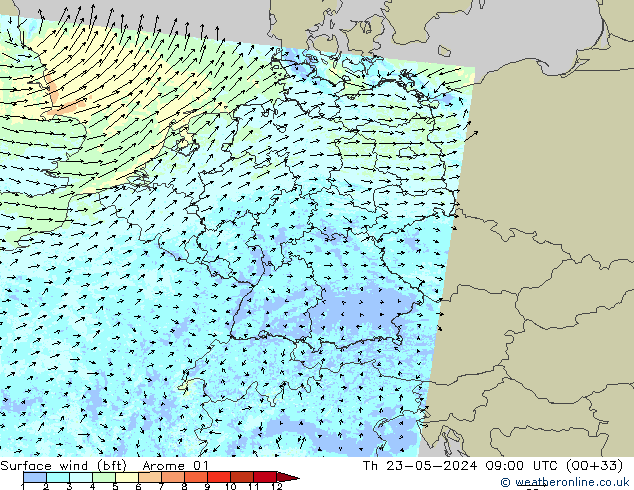  10 m (bft) Arome 01  23.05.2024 09 UTC