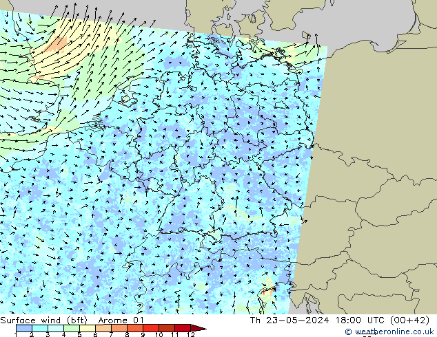 Wind 10 m (bft) Arome 01 do 23.05.2024 18 UTC