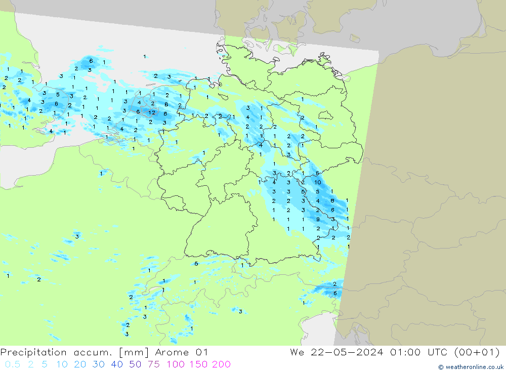 Precipitación acum. Arome 01 mié 22.05.2024 01 UTC
