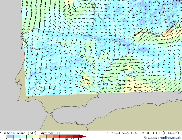 Wind 10 m (bft) Arome 01 do 23.05.2024 18 UTC