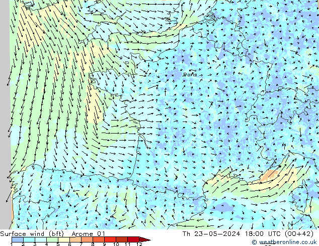 Surface wind (bft) Arome 01 Th 23.05.2024 18 UTC