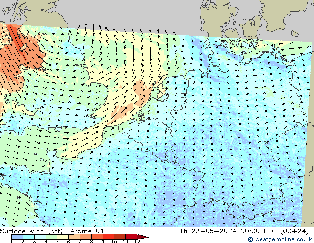 �N 10 米 (bft) Arome 01 星期四 23.05.2024 00 UTC