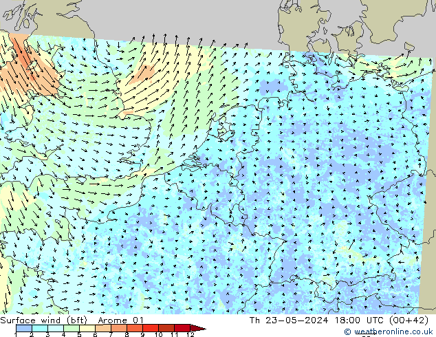 Surface wind (bft) Arome 01 Th 23.05.2024 18 UTC