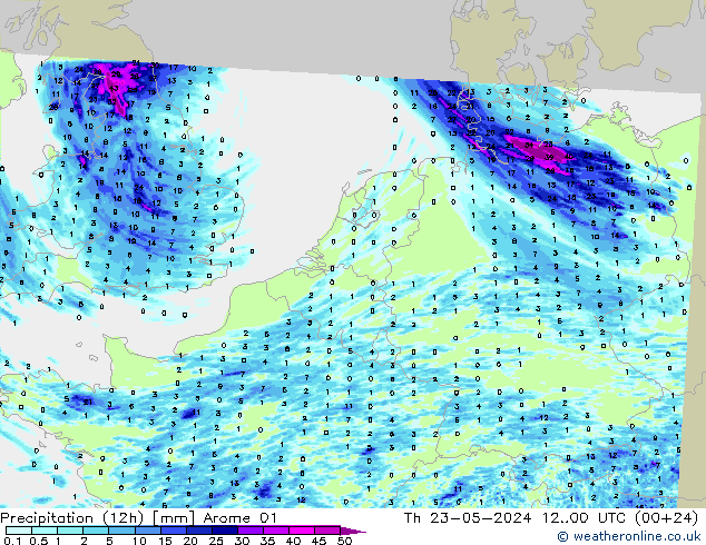 降水量 (12h) Arome 01 星期四 23.05.2024 00 UTC