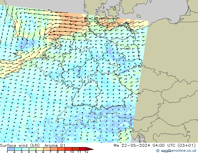 Surface wind (bft) Arome 01 We 22.05.2024 04 UTC