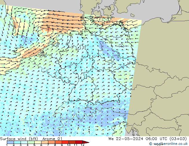 �N 10 米 (bft) Arome 01 星期三 22.05.2024 06 UTC