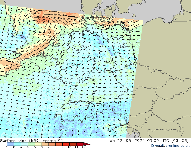 wiatr 10 m (bft) Arome 01 śro. 22.05.2024 09 UTC