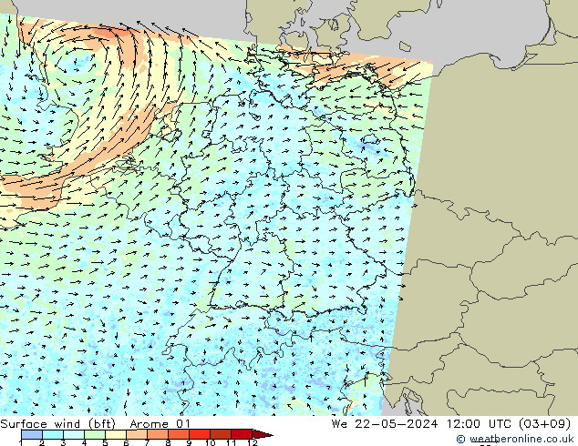 Surface wind (bft) Arome 01 St 22.05.2024 12 UTC
