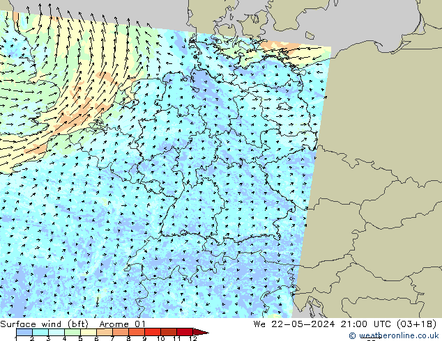 Surface wind (bft) Arome 01 We 22.05.2024 21 UTC