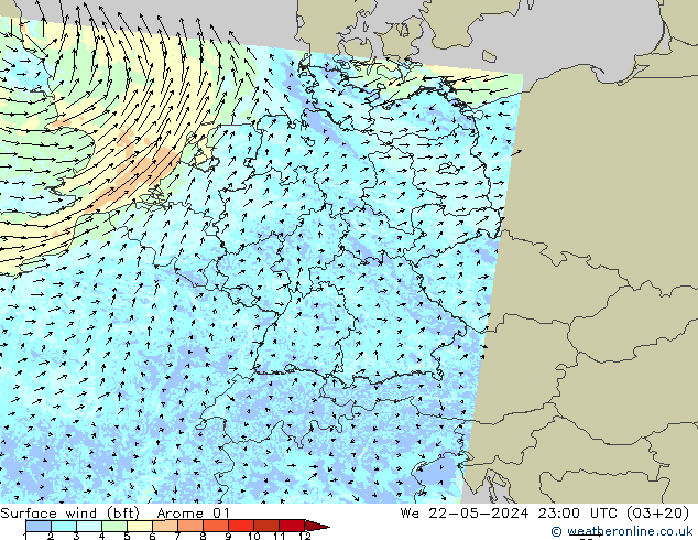 Wind 10 m (bft) Arome 01 wo 22.05.2024 23 UTC