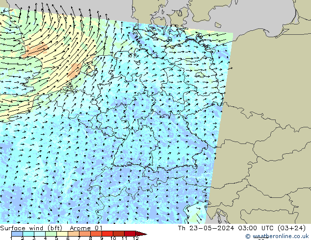 wiatr 10 m (bft) Arome 01 czw. 23.05.2024 03 UTC