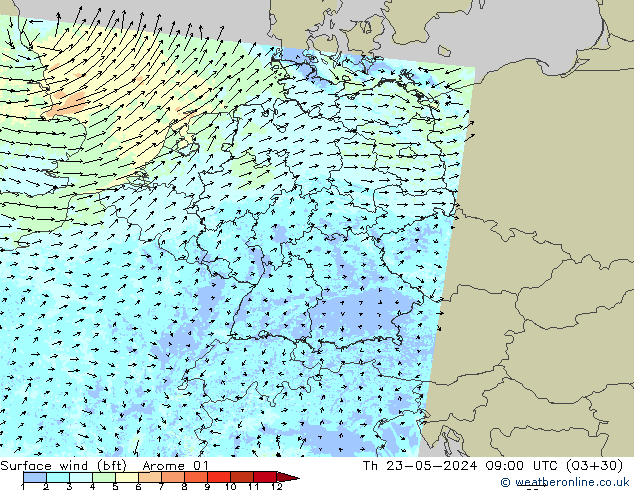 wiatr 10 m (bft) Arome 01 czw. 23.05.2024 09 UTC