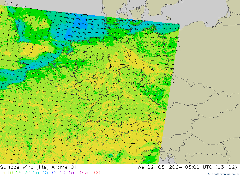 风 10 米 Arome 01 星期三 22.05.2024 05 UTC