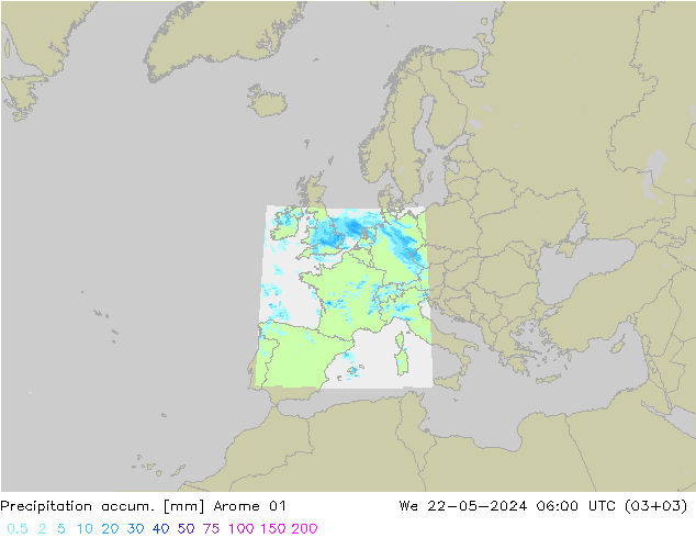 Precipitation accum. Arome 01 We 22.05.2024 06 UTC