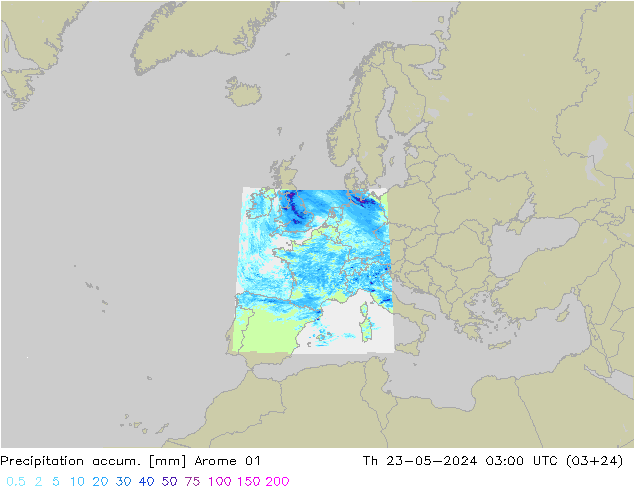 Precipitation accum. Arome 01 Th 23.05.2024 03 UTC