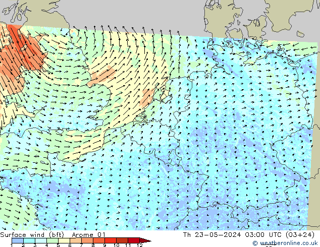 Rüzgar 10 m (bft) Arome 01 Per 23.05.2024 03 UTC