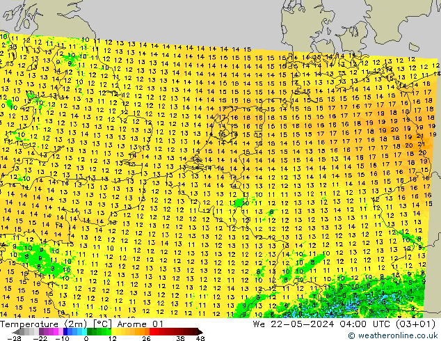 Temperature (2m) Arome 01 We 22.05.2024 04 UTC