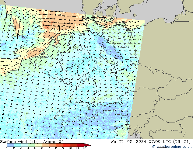 Surface wind (bft) Arome 01 We 22.05.2024 07 UTC