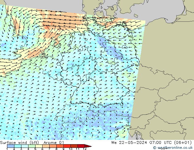 Vento 10 m (bft) Arome 01 mer 22.05.2024 07 UTC