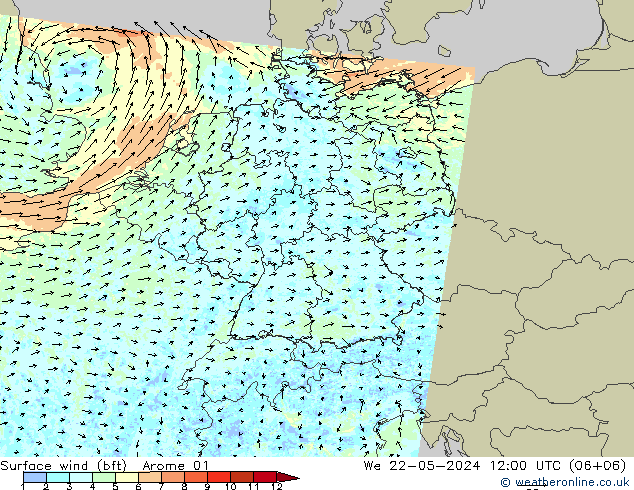 wiatr 10 m (bft) Arome 01 śro. 22.05.2024 12 UTC