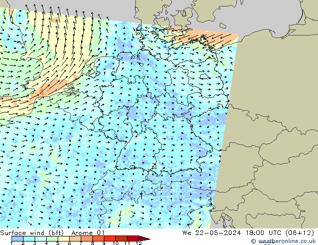 Wind 10 m (bft) Arome 01 wo 22.05.2024 18 UTC