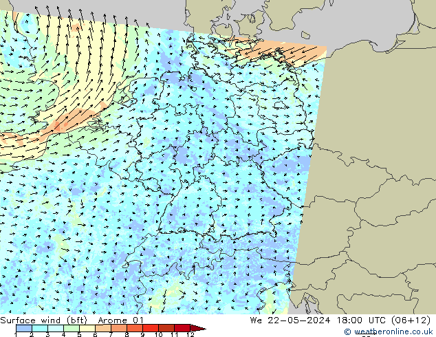 Surface wind (bft) Arome 01 We 22.05.2024 18 UTC