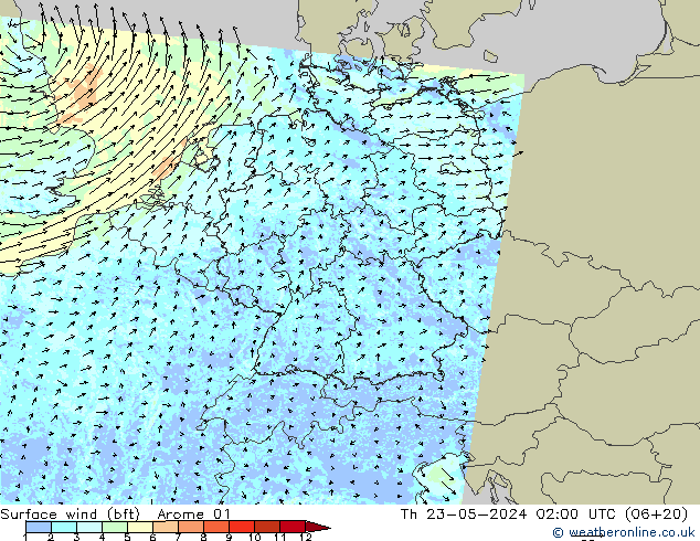 Surface wind (bft) Arome 01 Čt 23.05.2024 02 UTC