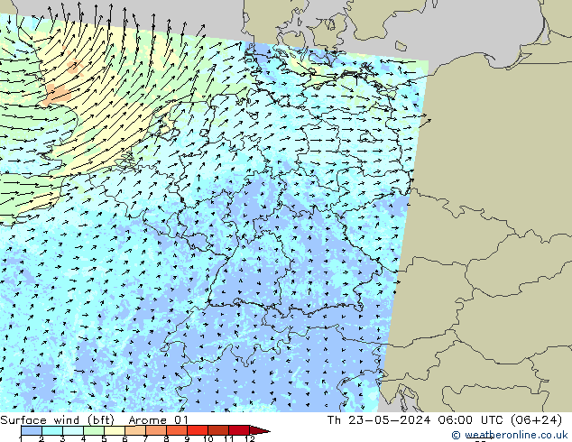 Surface wind (bft) Arome 01 Th 23.05.2024 06 UTC