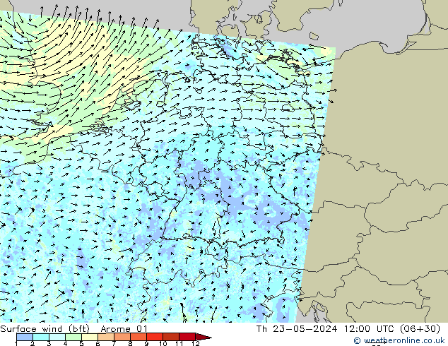 Surface wind (bft) Arome 01 Th 23.05.2024 12 UTC