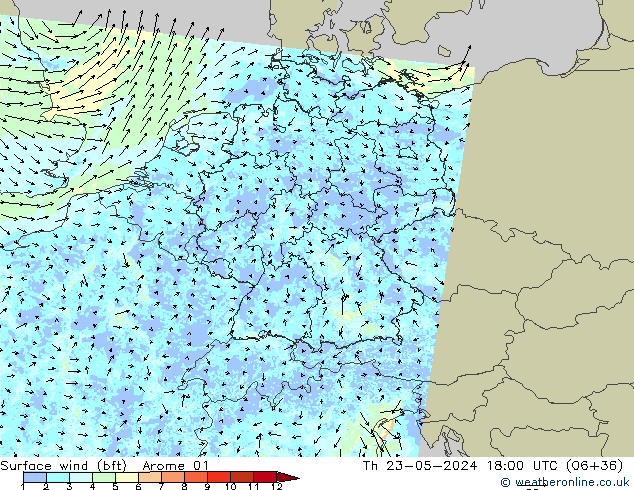 Bodenwind (bft) Arome 01 Do 23.05.2024 18 UTC