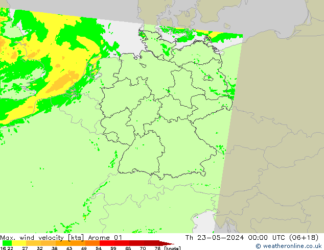 Max. wind velocity Arome 01  23.05.2024 00 UTC