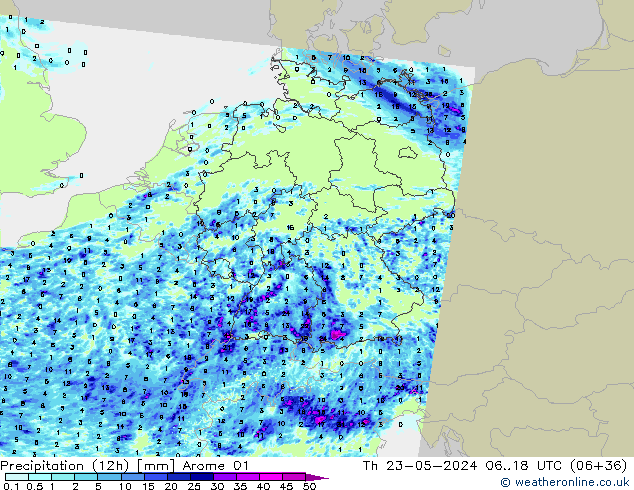 Totale neerslag (12h) Arome 01 do 23.05.2024 18 UTC