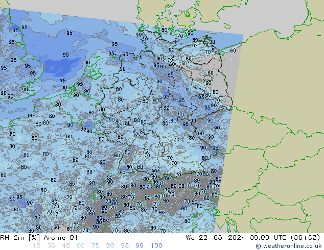 Humedad rel. 2m Arome 01 mié 22.05.2024 09 UTC