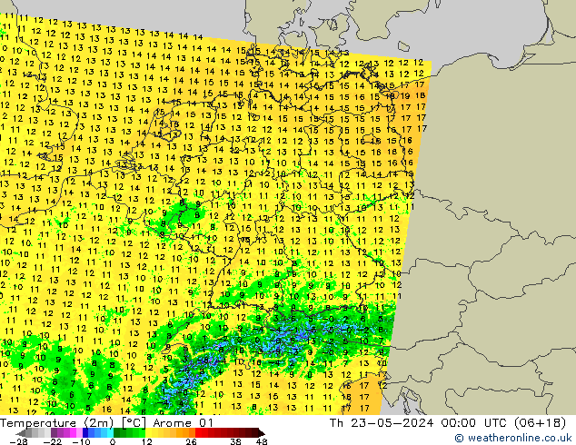 Temperatura (2m) Arome 01 Qui 23.05.2024 00 UTC