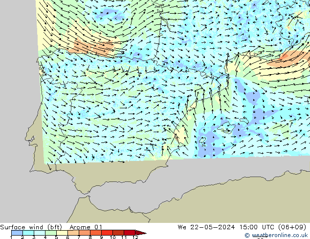 Vento 10 m (bft) Arome 01 Qua 22.05.2024 15 UTC