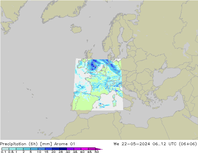 Totale neerslag (6h) Arome 01 wo 22.05.2024 12 UTC