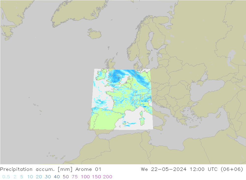 Precipitation accum. Arome 01 We 22.05.2024 12 UTC