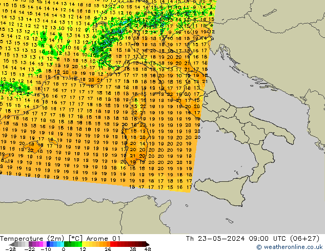 Sıcaklık Haritası (2m) Arome 01 Per 23.05.2024 09 UTC