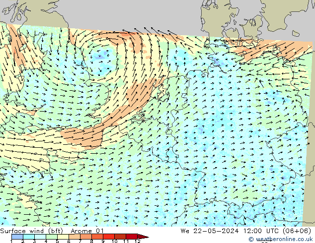 Bodenwind (bft) Arome 01 Mi 22.05.2024 12 UTC