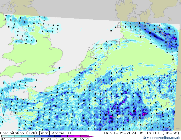 Totale neerslag (12h) Arome 01 do 23.05.2024 18 UTC