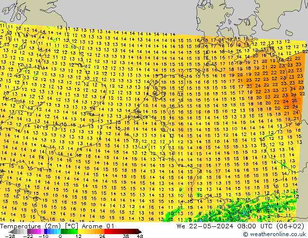 Temperaturkarte (2m) Arome 01 Mi 22.05.2024 08 UTC