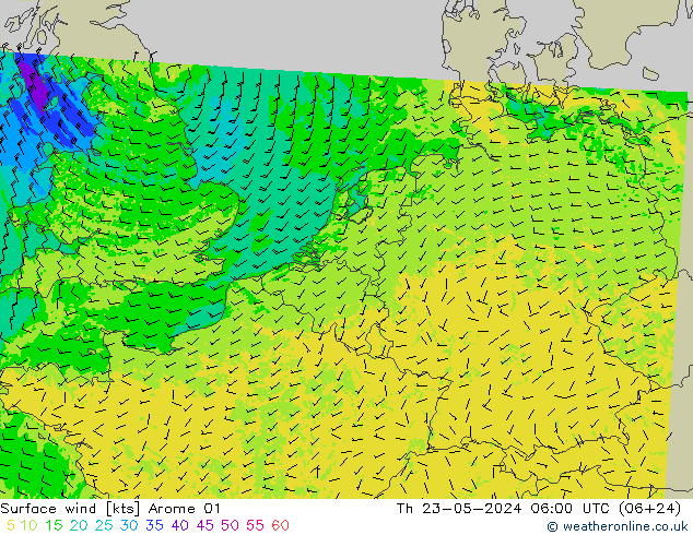 风 10 米 Arome 01 星期四 23.05.2024 06 UTC