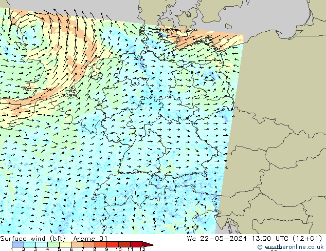 Surface wind (bft) Arome 01 We 22.05.2024 13 UTC